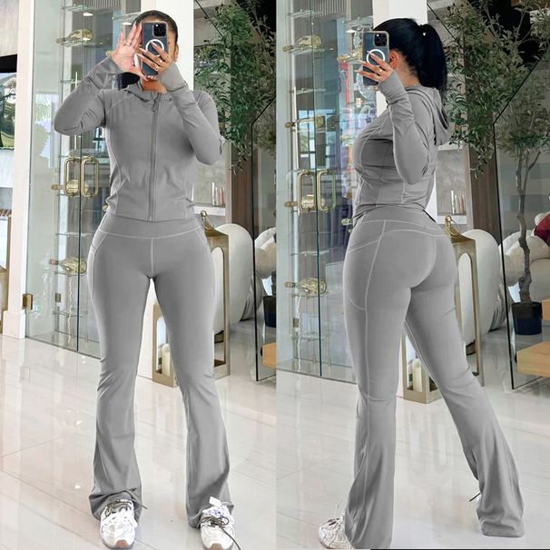 Women's Clothing Stretchy Hooded Zip-Up Jogger Set - High Waist Lounge Pants & Cropped Top - Soft Polyester Spandex Blend - Streetwear Casual Outfit_ecoleips.com