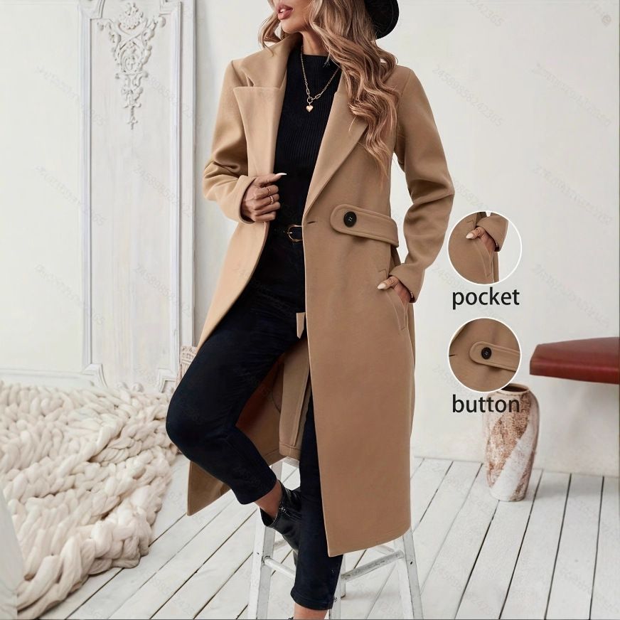 "Women's Classic Mid-Length Coat – Stylish Winter Overcoat With Large Lapel & Button Pockets, Elegant & Warm Outerwear"_ecoleips.com