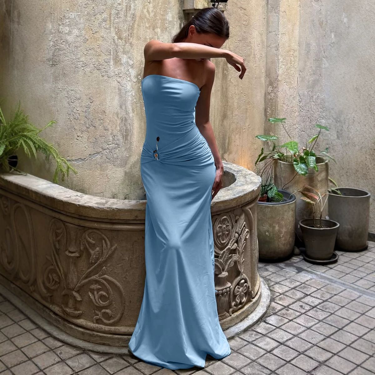 Women's Clothing Metallic Twist Strapless Long Skirt For Women Bodycon Slim Fit High Elasticity Solid Color Style_ecoleips.com