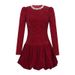 2025 Autumn New Women's Clothing French Heavy Industry Round Neck Diamond-encrusted Waist Fluffy Red Velvet Dress_ecoleips.com