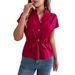 Women's Solid Color Short Sleeve Shirt Button Down Pull String Waist Casual Tops Spring Summer Fashion_ecoleips.com
