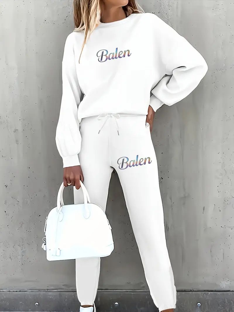 Women's Printed Two Piece Tracksuit, Long Sleeve Pullover Top And Drawstring Waist Pants, Casual Sportswear For Spring And Fall_ecoleips.com