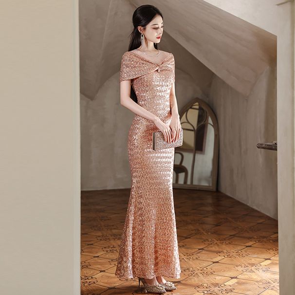 Gold Sequin Mermaid Evening Gown - Elegant Formal Dress With Heavy Embroidery For Weddings Prom Pageant_ecoleips.com