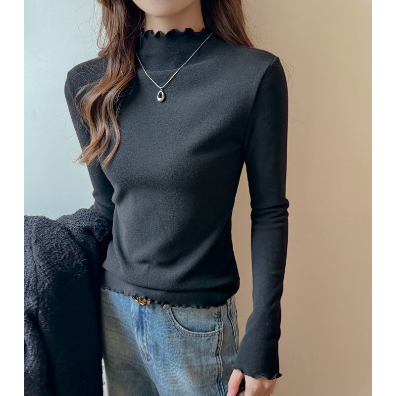 Korean Style Women's High Neck Base Layer Top Ruffled Trim Faux Cashmere Brushed Thickened Autumn Winter Innerwear_ecoleips.com