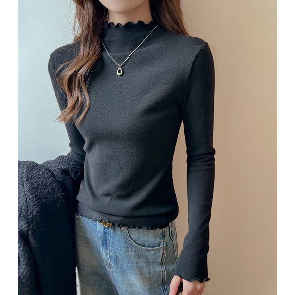 Korean Style Women's High Neck Base Layer Top Ruffled Trim Faux Cashmere Brushed Thickened Autumn Winter Innerwear_ecoleips.com