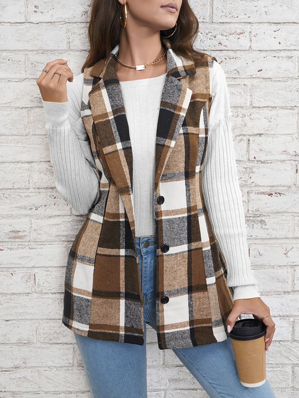 Women's tops fashion lapel single-breasted suit vest plaid jacket_ecoleips.com