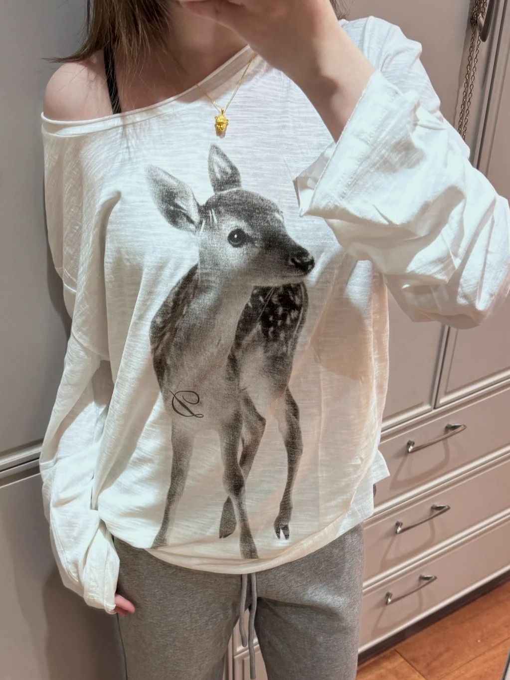 Deer Print Thin Long Sleeve T-shirt Woman Autumn O-neck See Through Sexy Tshirt Female Sweet Cute Animal Pattern Cotton Tees_ecoleips.com