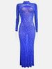 Women's Clothing Fashion Solid Color Elegant Mesh Long Sleeve Dress With Rhinestone Embroidery – Pure Color Sheer Dress For Women (Red/Blue, S-XXL)_ecoleips.com