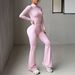 Y2K Sporty Yoga Set – Long Sleeve Cropped Jacket & High-Waisted Leggings (S-XL, Dusty Pink) – Seamless Stretch For Gym & Streetwear_ecoleips.com