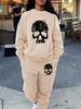 Women's Autumn And Winter Hip-hop Casual Street Fashion Skull Pattern Printed Round Neck Sports Shirt+sports Pants Warm Set-666_ecoleips.com
