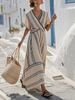 Women's Clothing V Neck Dress Striped Pattern Pleated Sleeves Full Skirt Fashion Summer Vacation_ecoleips.com