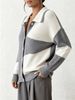 Gray White Patchwork Lapel Knit Cardigan Women Loose Long Sleeve Button Front Sweater_ecoleips.com
