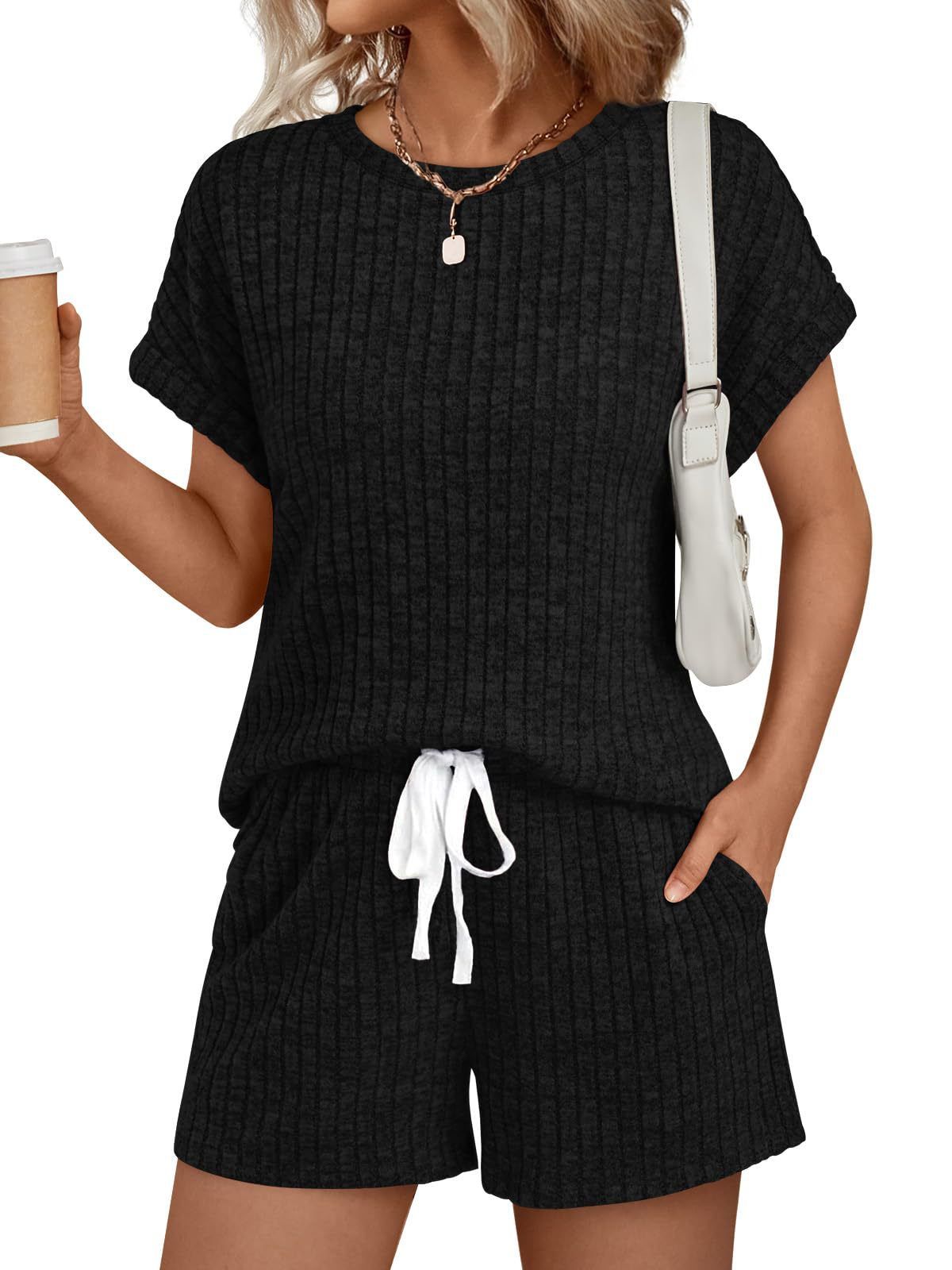 Women's Casual Ribbed Knit Shorts Set Breathable Loungewear Co-Ord Two-Piece Outfit Comfortable Summer T-Shirt And Shorts_ecoleips.com
