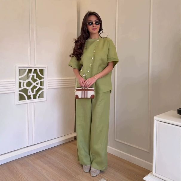 Snoryin Women's Linen-Blend Casual Set Relaxed Short Sleeve Tee And Wide Leg Pants Outfit In Olive Khaki Navy Pink_ecoleips.com