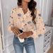 Women's Clothing Long Sleeved Shirt Ruffled V Neck Printed Temperament Commuter Top_ecoleips.com