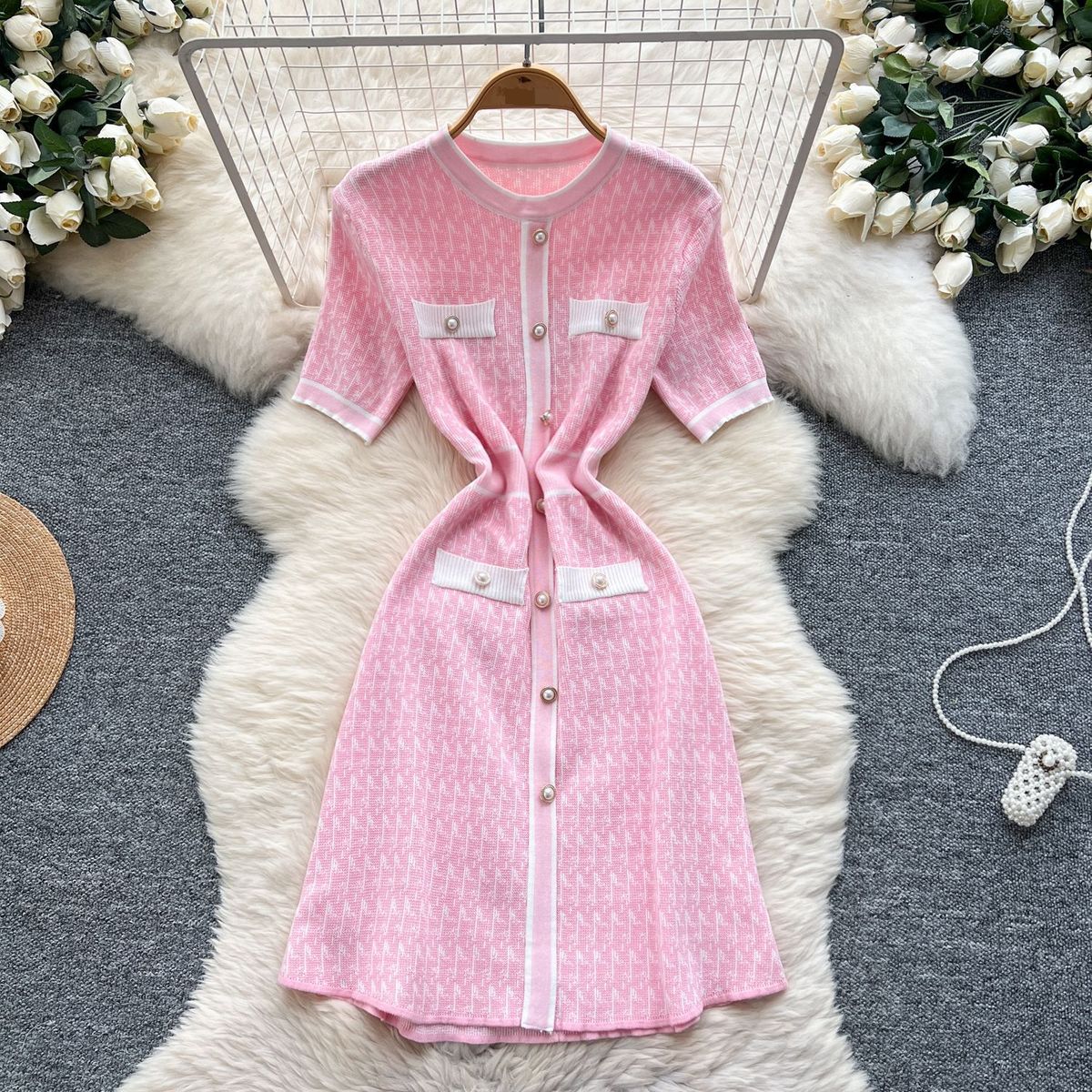 Women's Clothing Waisted Pearl Buttoned Slim Short Sleeved Knitted Dress Slim Sweater Skirt_ecoleips.com