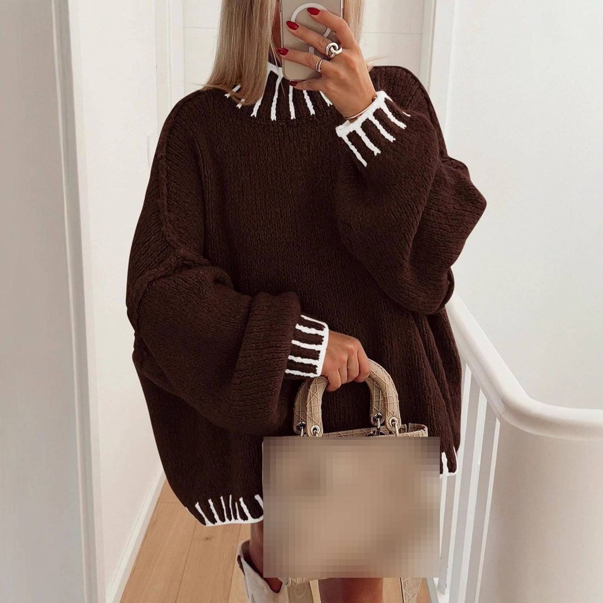 Color-Block Knit Sweater Women's Oversized Pullover Casual Long Sleeve Round Neck Fashion Top_ecoleips.com