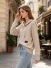 Oat Zip Up Drawstring Hood Pit Rib Knit Cardigan, Loose Lightweight Breathable Soft Skin-touch Long Sleeve Pocket Sweater_ecoleips.com