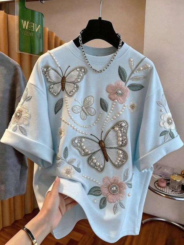Women's Round Neck Loose Top Simulated Embroidered Pearl Butterfly Print Short Sleeve T-Shirt New Summer Fashion Casual Wear_ecoleips.com