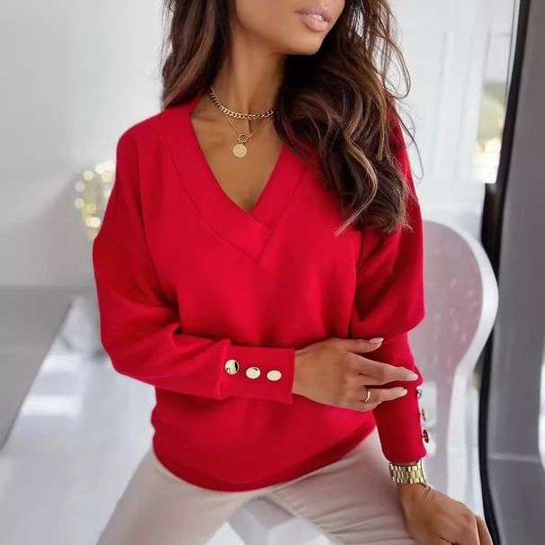 Women's Casual Loose Solid Color T-Shirt Button V Neck Long Sleeve For Spring/Autumn American Style_ecoleips.com