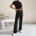 Voya Women's Clothing European And American Sports Style Fashion Short Sleeved Slim Fit Knitted Short Sleeved High Waisted Wide Leg Pants Two-piece Set_ecoleips.com