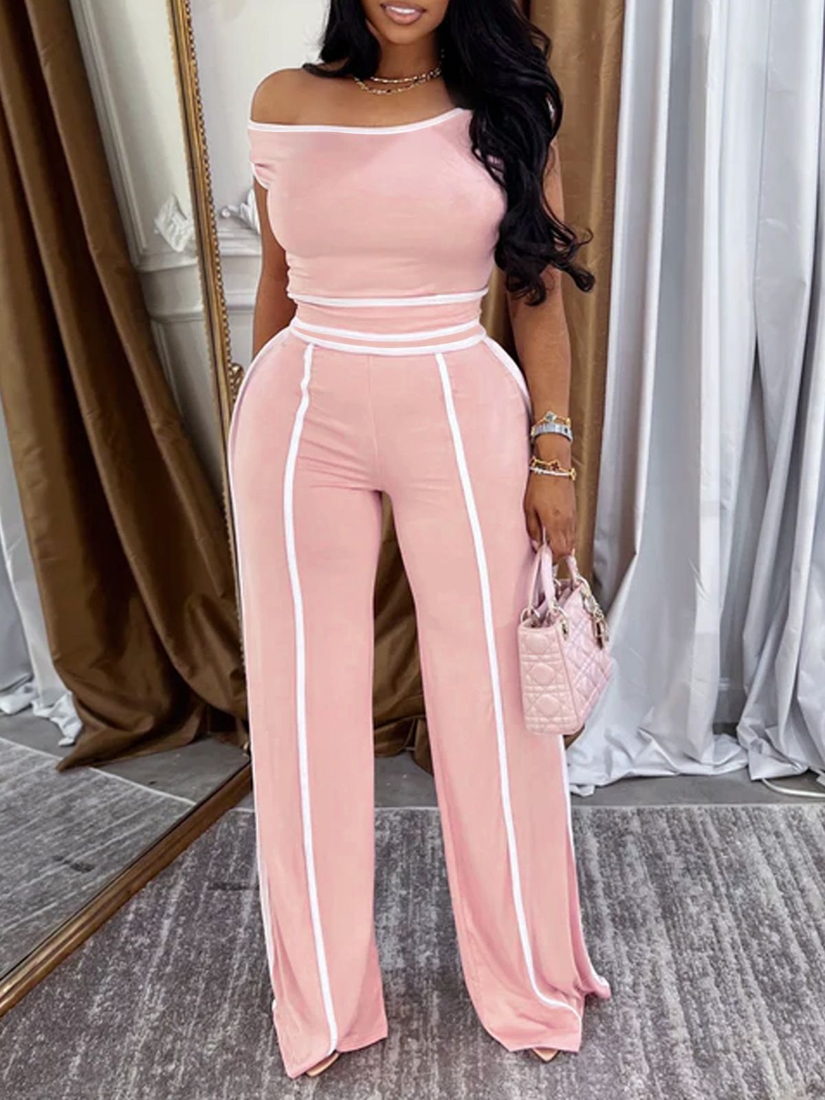 Women's Clothing Fashion Elegant Oblique Shoulder Short Sleeve Slim Straight Trousers Casual Solid Color Suit_ecoleips.com