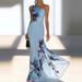 Blue Floral Print One Shoulder Long Dress American Style Elegant Classy Banquet_ecoleips.com