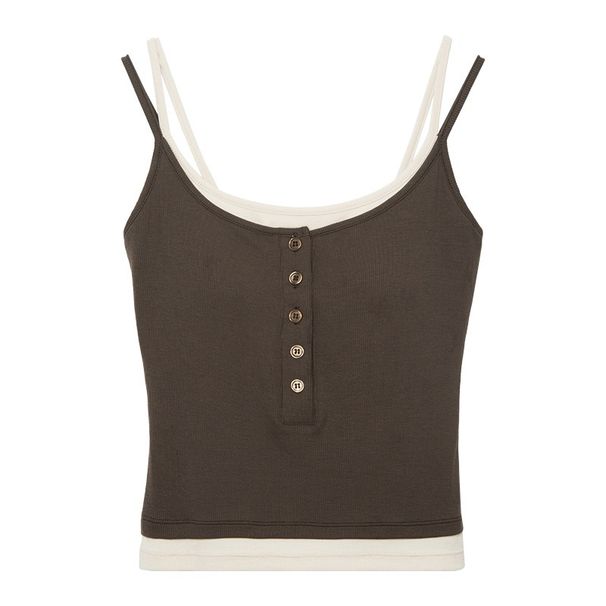 Spicy Girl Fake Two-piece Color Blocking Tank Top With Chest Pad Summer Spaghetti Strap Square Neck Button Casual Slim Fit Camis_ecoleips.com