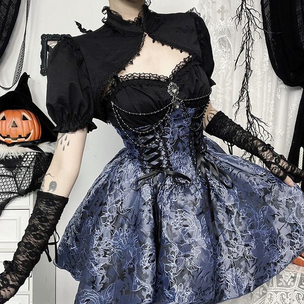 CF24328 Women's Autumn Short Skirt Sexy Slim Fit Two Tone Jacquard Suspender Dress Dark Style Halloween New Arrival_ecoleips.com