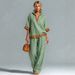 European And American Fashion Women's Casual Color Block Set with Half Zip Linen Top And Straight Leg Pants_ecoleips.com