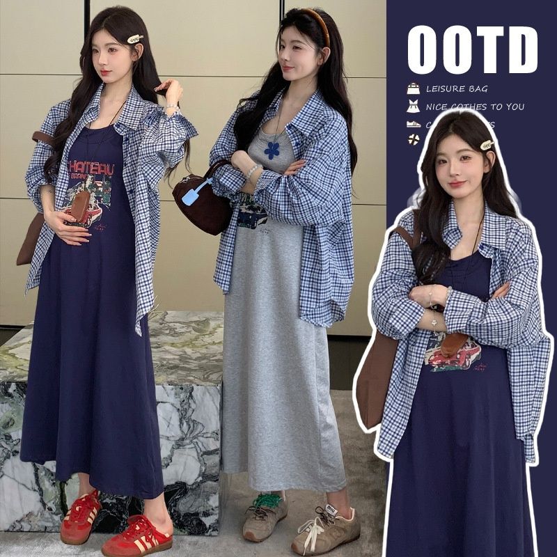 Autumn New Korean Style Printed Tank + Plaid Shirt Two-Piece Set Maternity Dress_ecoleips.com