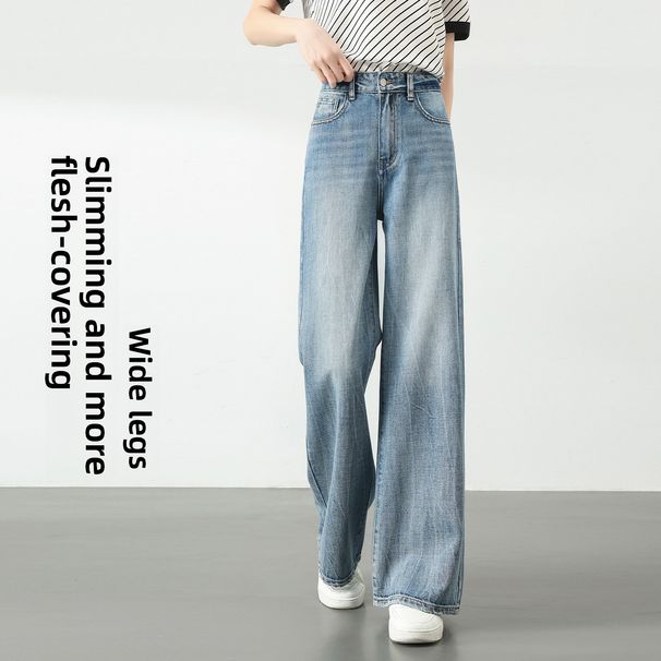 Women's Wide-Leg Jeans 2026 New Spring Style For Petite Women, High-Waisted Light-Colored Tencel, Slimming, Loose_ecoleips.com