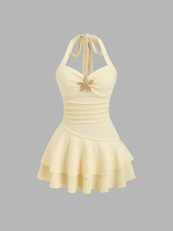 Elegant Off-Shoulder A-Line Mini Dress With Starfish Detail, Smocked Waist, And Knitted Texture For Beach Vacation_ecoleips.com