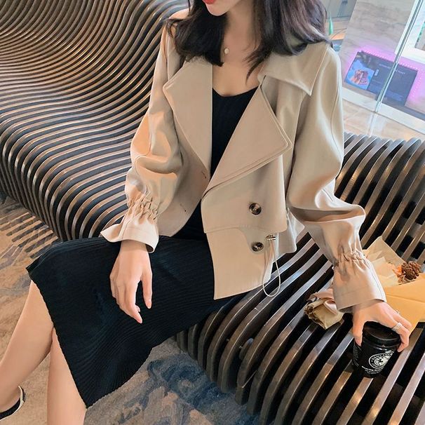 Women's Blazer Jacket Oversized Casual Spring Autumn Short Trench Coat With Waist Tie Petite-Friendly Workwear_ecoleips.com