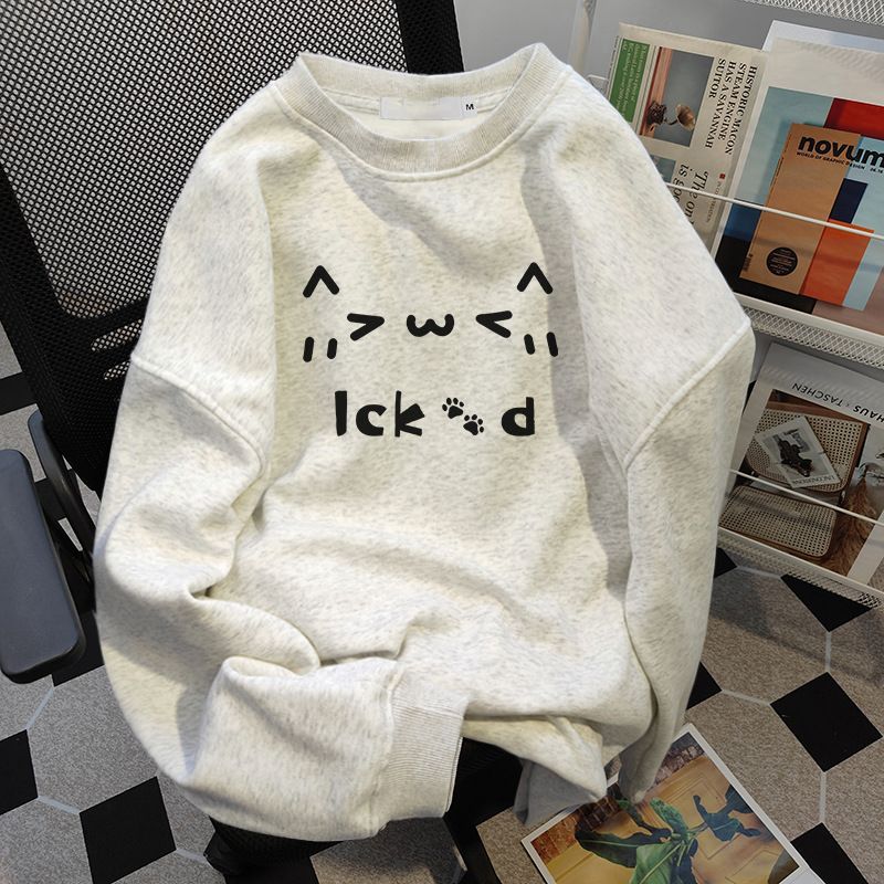 Women's round Neck Sweatshirt Fleece Lined Thickened Long Sleeved Printed Autumn Winter Fashionable American High Street Style_ecoleips.com
