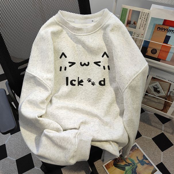 Women's round Neck Sweatshirt Fleece Lined Thickened Long Sleeved Printed Autumn Winter Fashionable American High Street Style_ecoleips.com