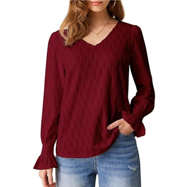 Women's V-Neck Long Sleeve Ruffle Detail T-Shirt - Soft Stretch Polyester Blend Casual Top For Work & Daily Wear_ecoleips.com