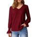 Women's V-Neck Long Sleeve Ruffle Detail T-Shirt - Soft Stretch Polyester Blend Casual Top For Work & Daily Wear_ecoleips.com