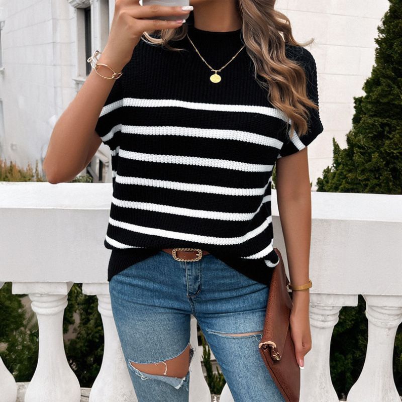 Spring And Summer Women's Wear, Color-Blocking And Stylish Pullover Short-Sleeved Sweater_ecoleips.com