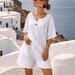 Summer Vacation Style Women's Cotton Linen Set Loose V Neck Short Sleeved Top With Cropped Straight Leg Pants Two Piece Outfit_ecoleips.com
