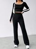 Black And White Contrast Color Square Collar Slim Fit Long Sleeve Pants Simple Versatile Fitness Women's Set_ecoleips.com