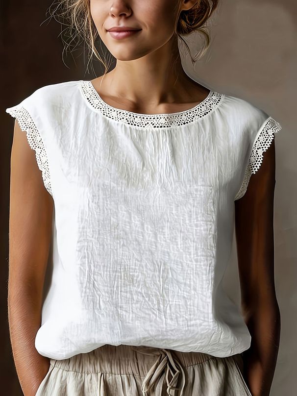 Women's Retro Lace Trimmed Sleeveless Top, Breathable Linen-Blend Round Neck Blouse For Casual Wear_ecoleips.com