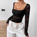 Elegant Women's Lace U Neck Long Sleeve T Shirt Top Asymmetrical Hem Style Fashion_ecoleips.com