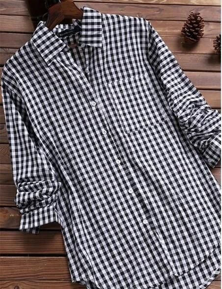 Women's Loose Plaid Shirt Long Sleeved Retro Pocket Top Casual Thin Polyester Blouse For Summer_ecoleips.com