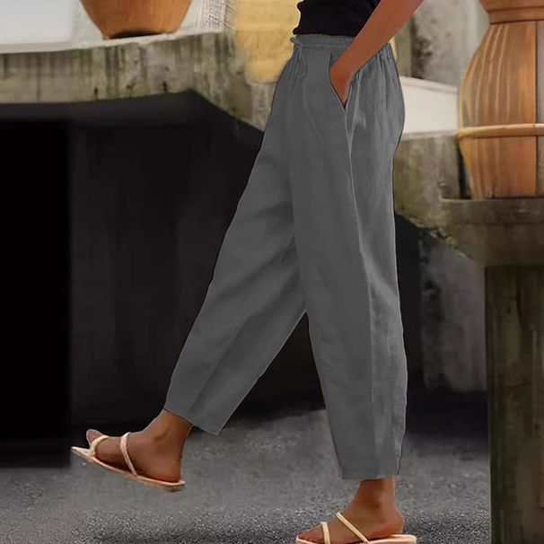 Women's Cotton Linen Trousers Solid Color Fashion Casual Elastic Waist Side Pocket Spring Autumn New Style_ecoleips.com