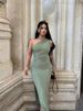 AC022 European And American 2024 Summer New Women's Solid Color One-Shoulder Sleeveless Ruched Slit Elegant Dress_ecoleips.com