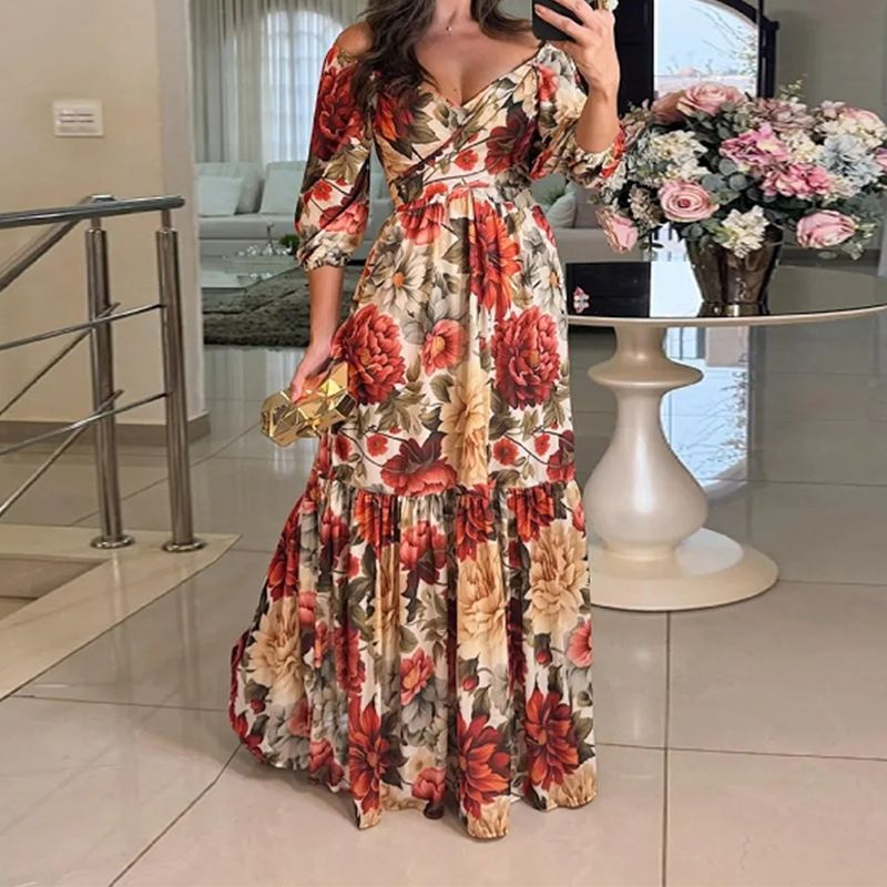 Women's Clothing Summer New Women's Dress Fashionable And Elegant Printed Lace Up V Neck Swing Dress_ecoleips.com