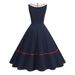Retro Nautical Style mid Length Dress for Women Ribbon Trimmed Hepburn Inspired Full Skirted Elegant Sophisticated Summer Dress_ecoleips.com