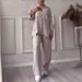 Women's Casual Cotton Linen Shirt And Wide Leg Pants Set Solid Color Drawstring_ecoleips.com