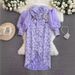 Purple Embossed Jacquard Lantern Long Sleeved Dress For Women French Temperament Pearl Button Waist Slimming Mini Dress Long Skirt_ecoleips.com